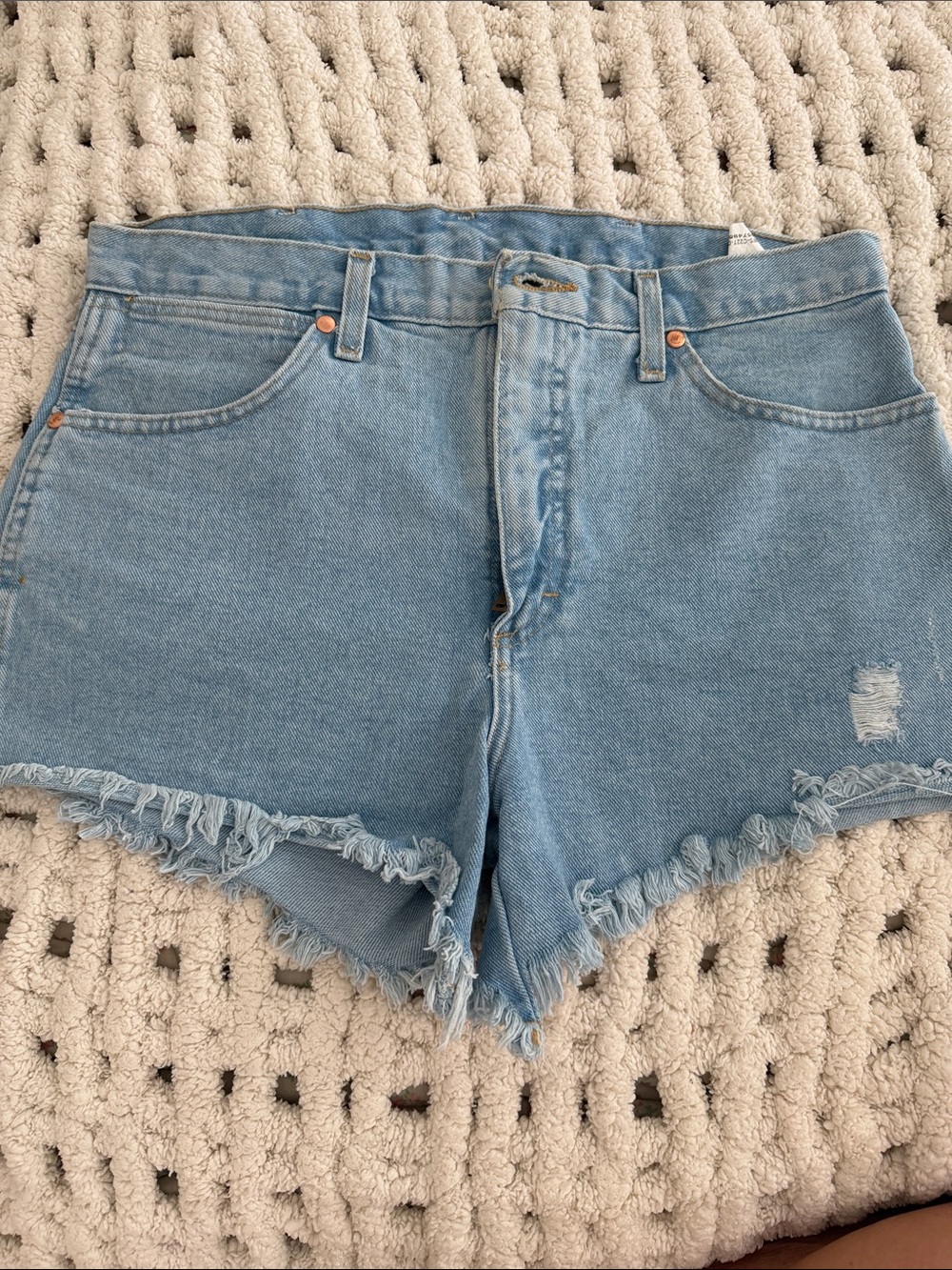 Wrangler Light Blue High-Rise Frayed Hem Denim Shorts